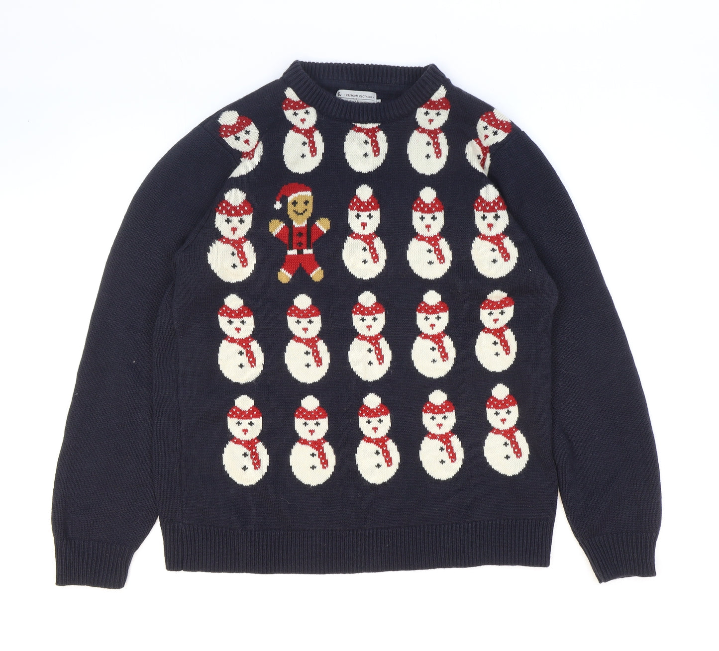 TU Mens Blue Round Neck Acrylic Pullover Jumper Size M - Christmas Snowmen