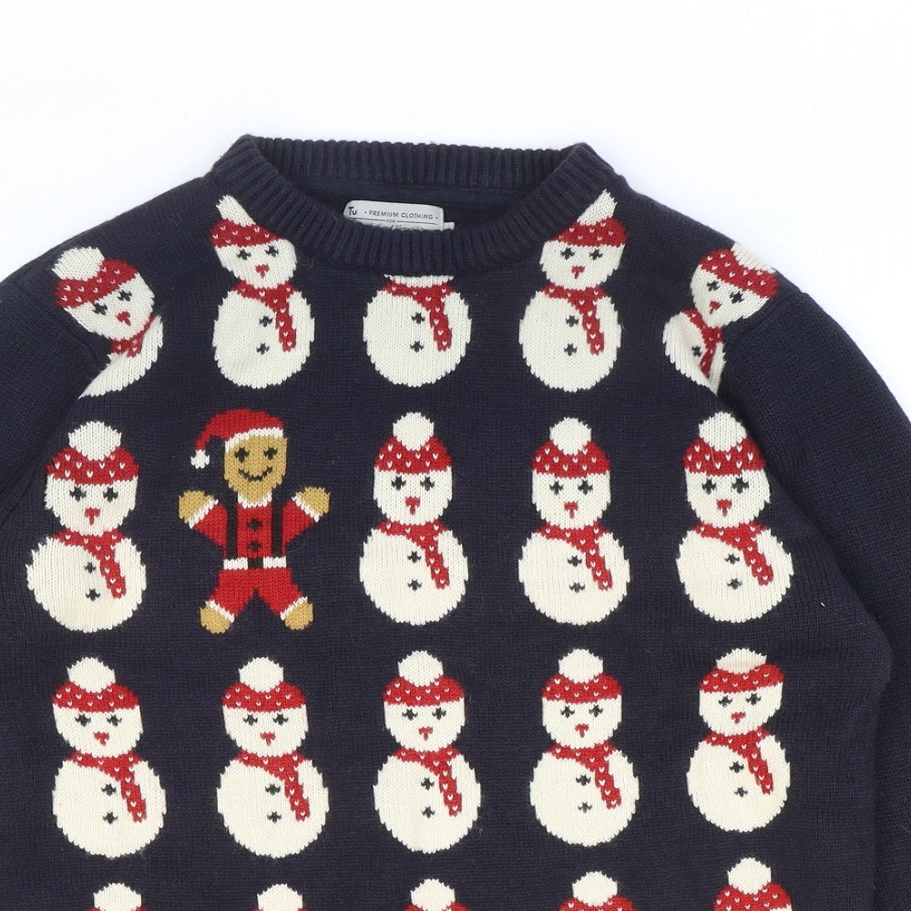 TU Mens Blue Round Neck Acrylic Pullover Jumper Size M - Christmas Snowmen