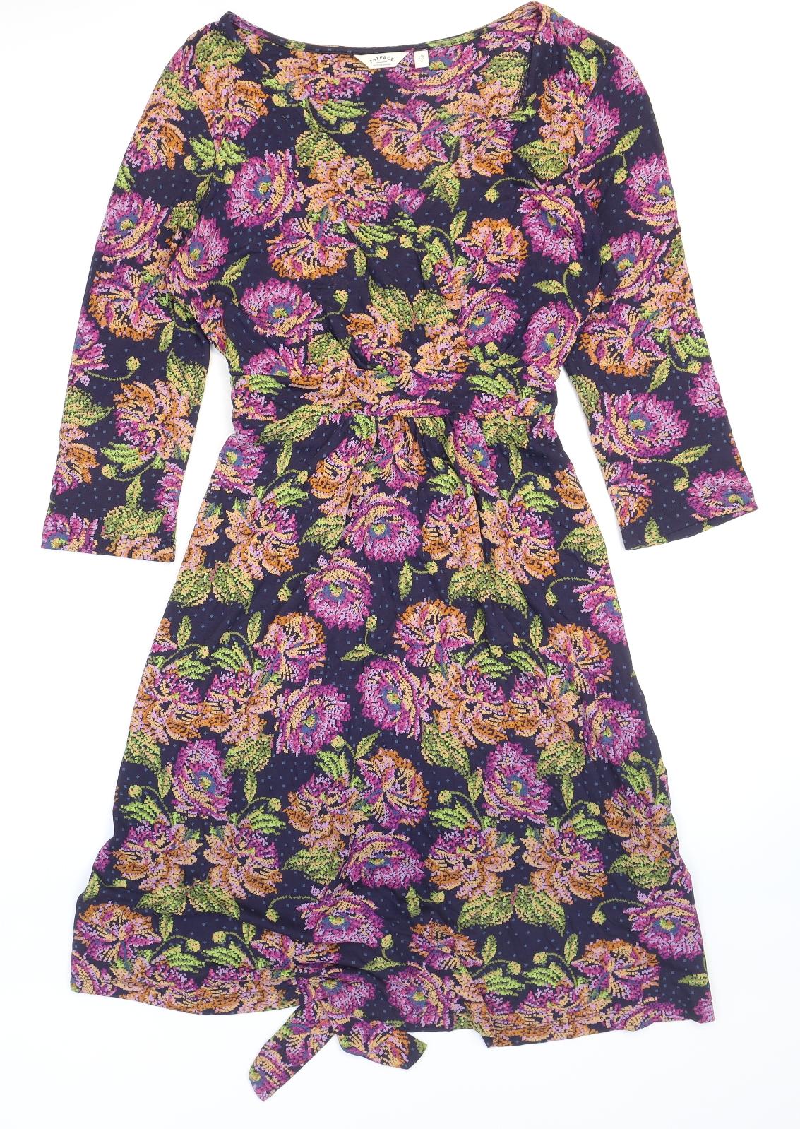 Fat Face Womens Multicoloured Floral Viscose Wrap Dress Size 12 V-Neck Pullover