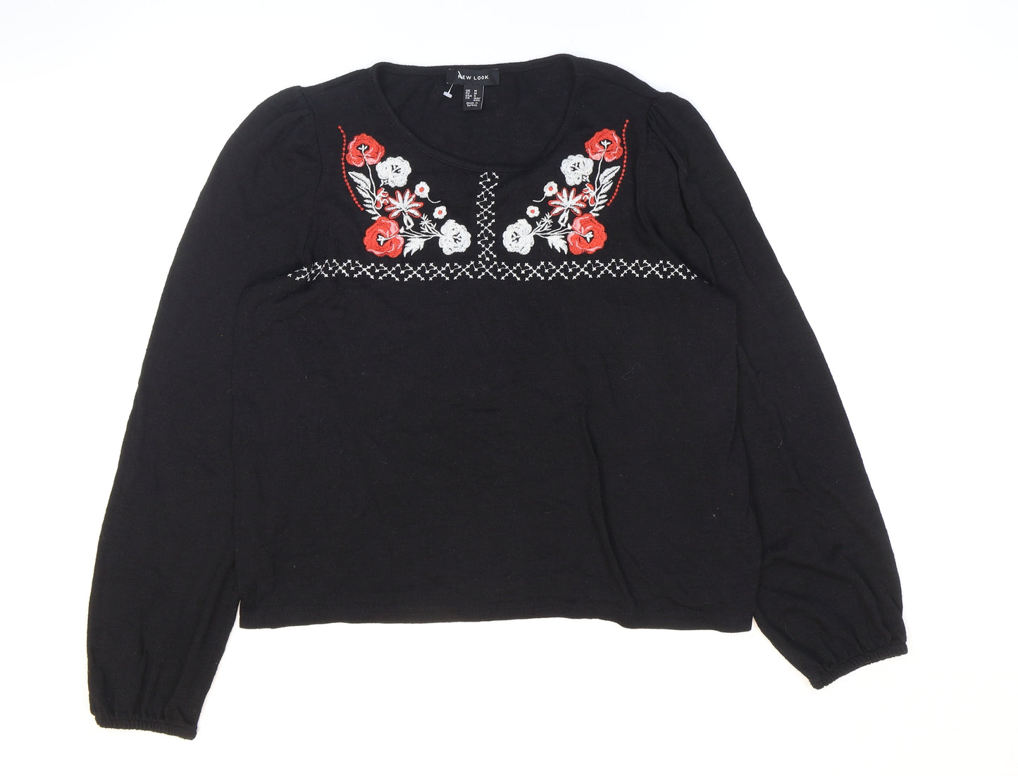 New Look Womens Black Round Neck Polyester Pullover Jumper Size M - Flower Detail