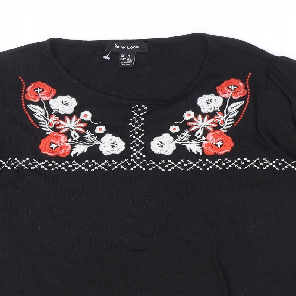 New Look Womens Black Round Neck Polyester Pullover Jumper Size M - Flower Detail