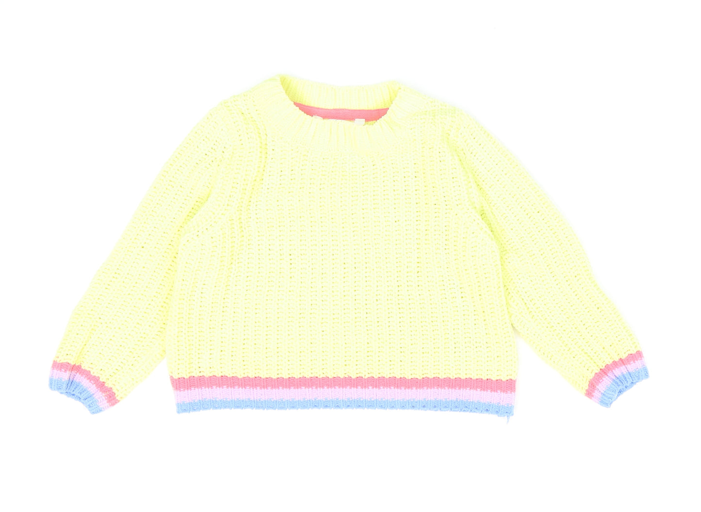 Marks and Spencer Girls Yellow Round Neck Striped Polyester Pullover Jumper Size 2-3 Years Pullover