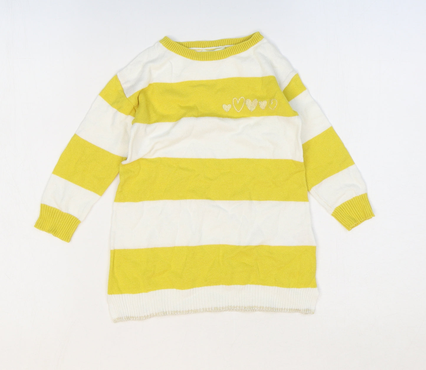 Vertbaudet Girls Yellow Striped Cotton Jumper Dress Size 3 Years Round Neck Pullover - Hearts