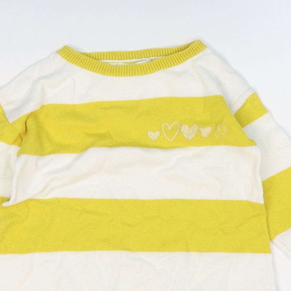 Vertbaudet Girls Yellow Striped Cotton Jumper Dress Size 3 Years Round Neck Pullover - Hearts