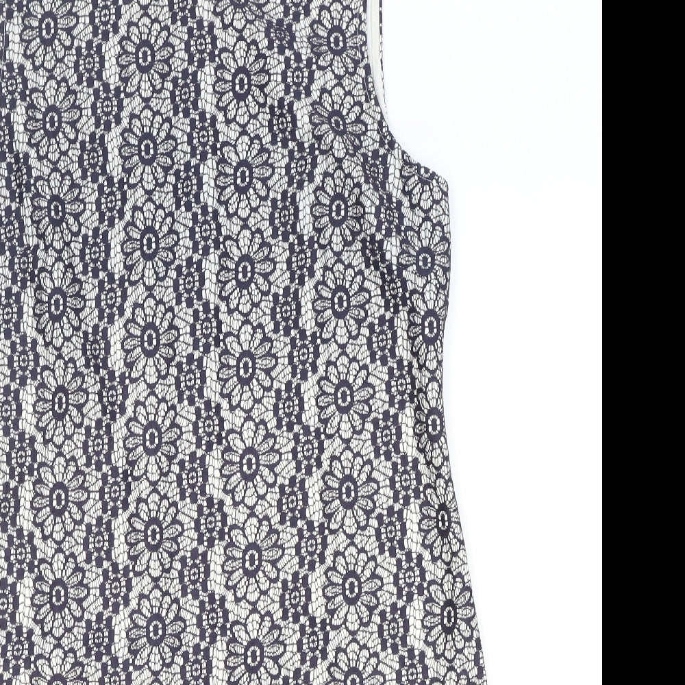 TU Womens Blue Floral Polyester Shift Size 14 Round Neck Zip
