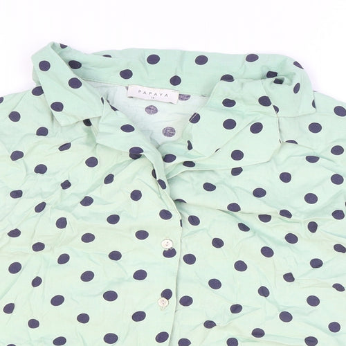 Papaya Womens Green Polka Dot Viscose Cropped Button-Up Size 14 Collared