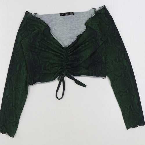 Boohoo Womens Green Animal Print Viscose Cropped Blouse Size 12 V-Neck - Snake Skin Print