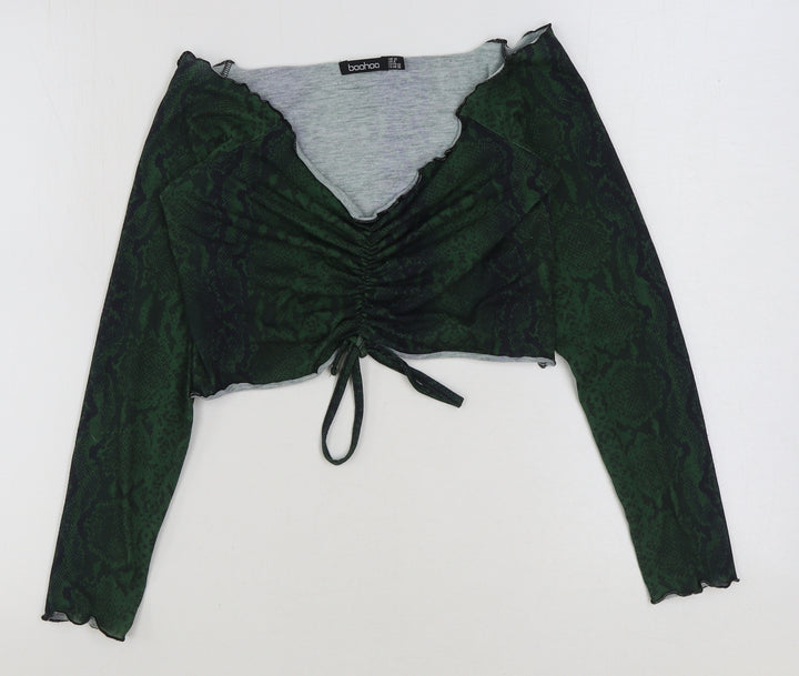 Boohoo Womens Green Animal Print Viscose Cropped Blouse Size 12 V-Neck - Snake Skin Print