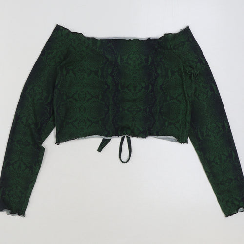 Boohoo Womens Green Animal Print Viscose Cropped Blouse Size 12 V-Neck - Snake Skin Print