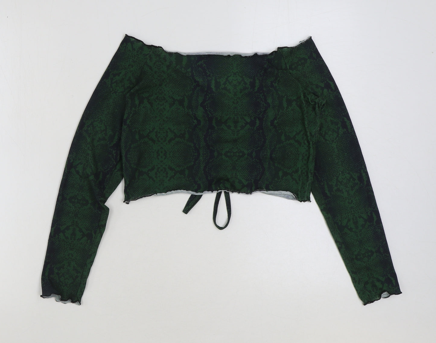 Boohoo Womens Green Animal Print Viscose Cropped Blouse Size 12 V-Neck - Snake Skin Print