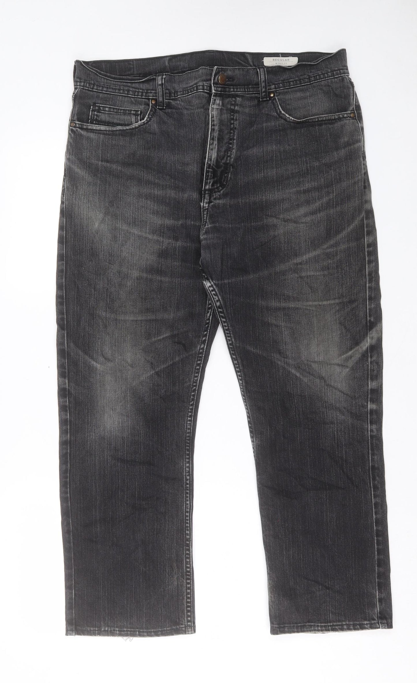 Marks and Spencer Mens Black Cotton Straight Jeans Size 36 in L29 in Regular Button - Short Leg