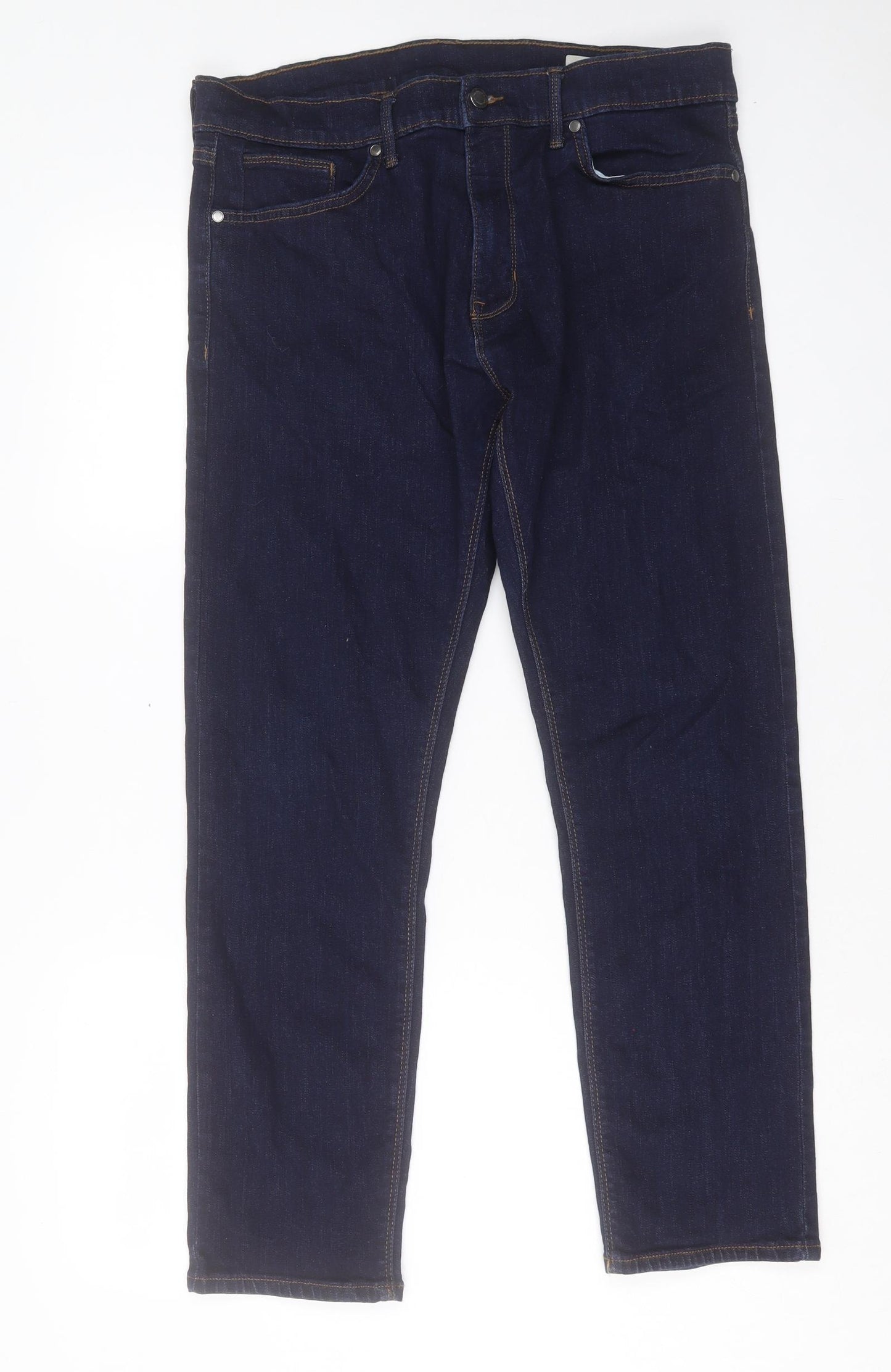 Marks and Spencer Mens Blue Cotton Straight Jeans Size 36 in L29 in Regular Button