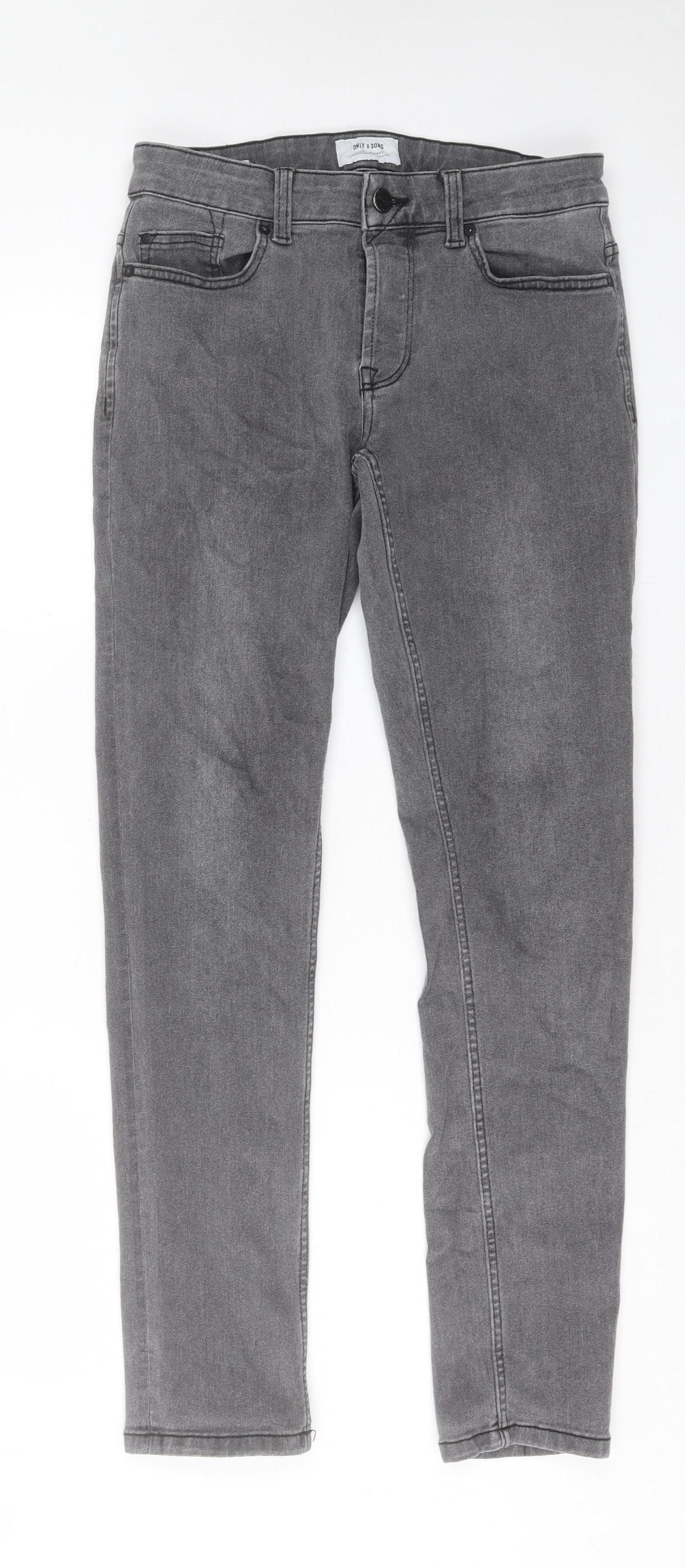 ONLY & SONS Mens Grey Cotton Straight Jeans Size 28 in L32 in Slim Button