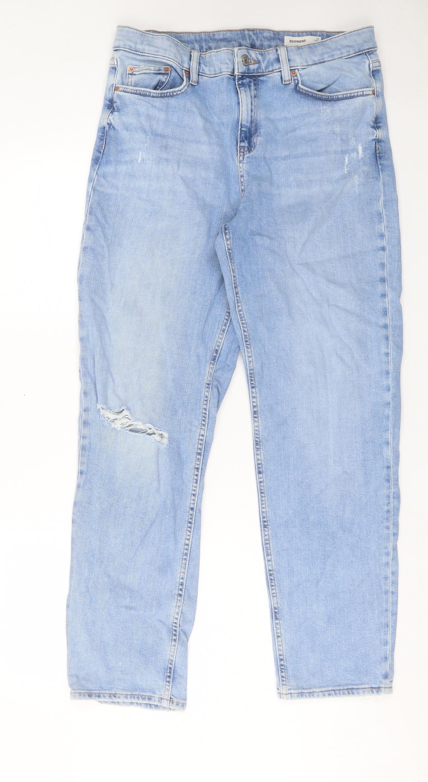 Marks and Spencer Womens Blue Cotton Boyfriend Jeans Size 14 L30 in Regular Button