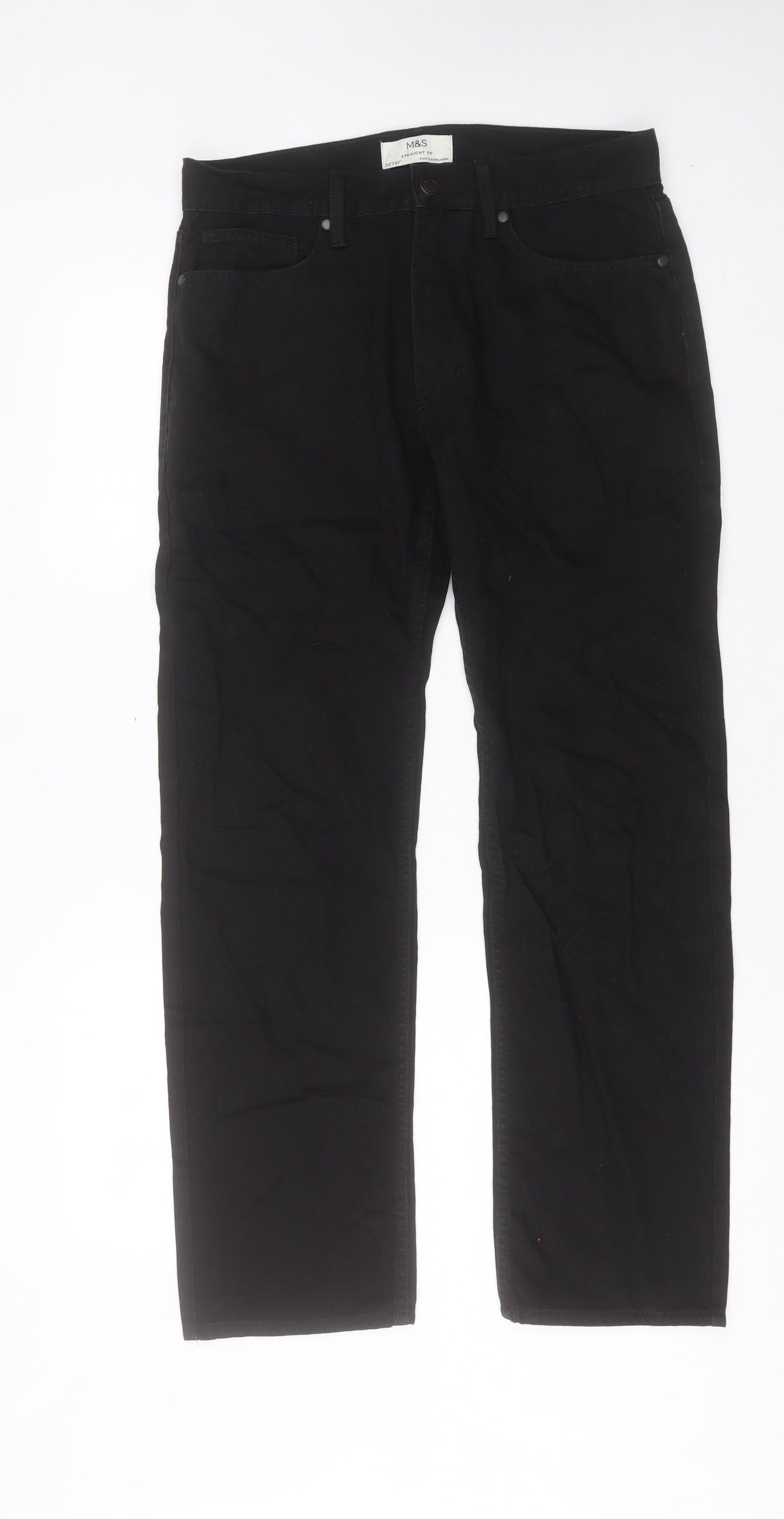 Marks and Spencer Mens Black Cotton Straight Jeans Size 32 in L31 in Regular Button