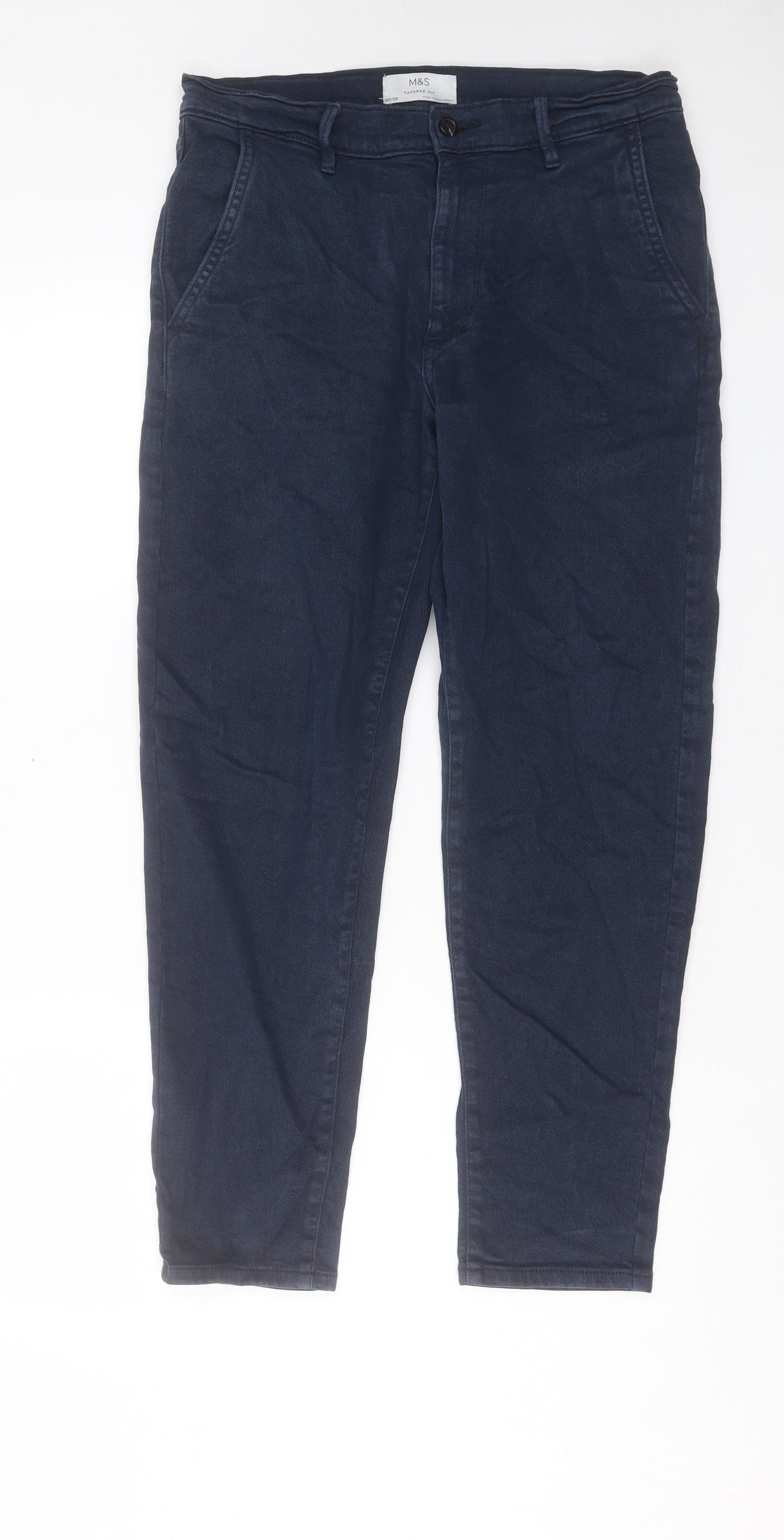 Marks and Spencer Mens Blue Cotton Tapered Jeans Size 30 in L29 in Regular Button - Short Leg