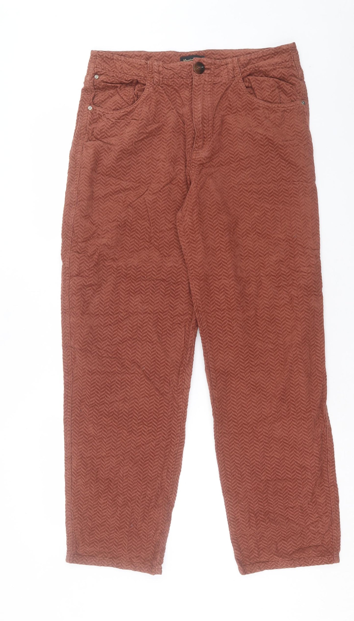 Massimo Dutti Womens Brown Geometric Cotton Trousers Size 14 L30 in Regular Button