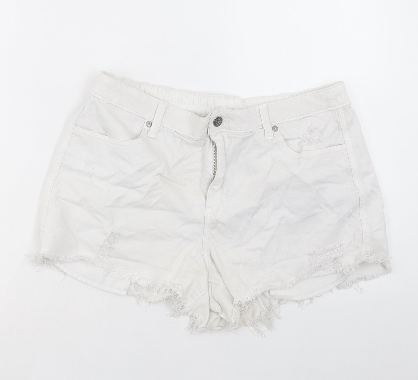 Aerie Womens White Cotton Boyfriend Shorts Size L L3 in Regular Button
