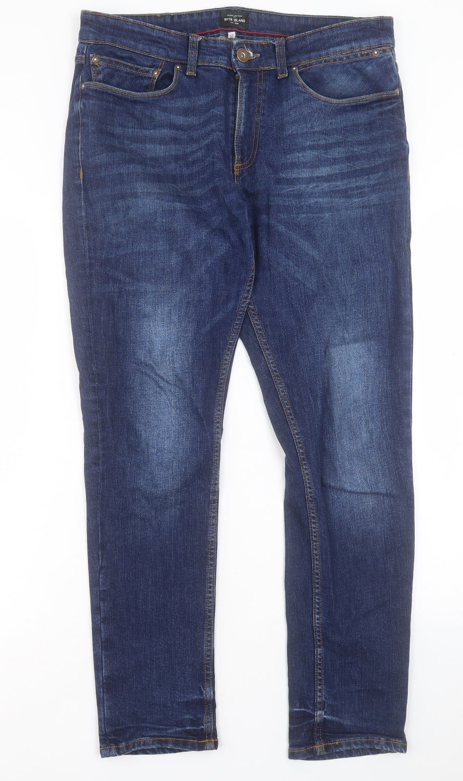 River Island Mens Blue Cotton Straight Jeans Size 34 in L30 in Regular Button
