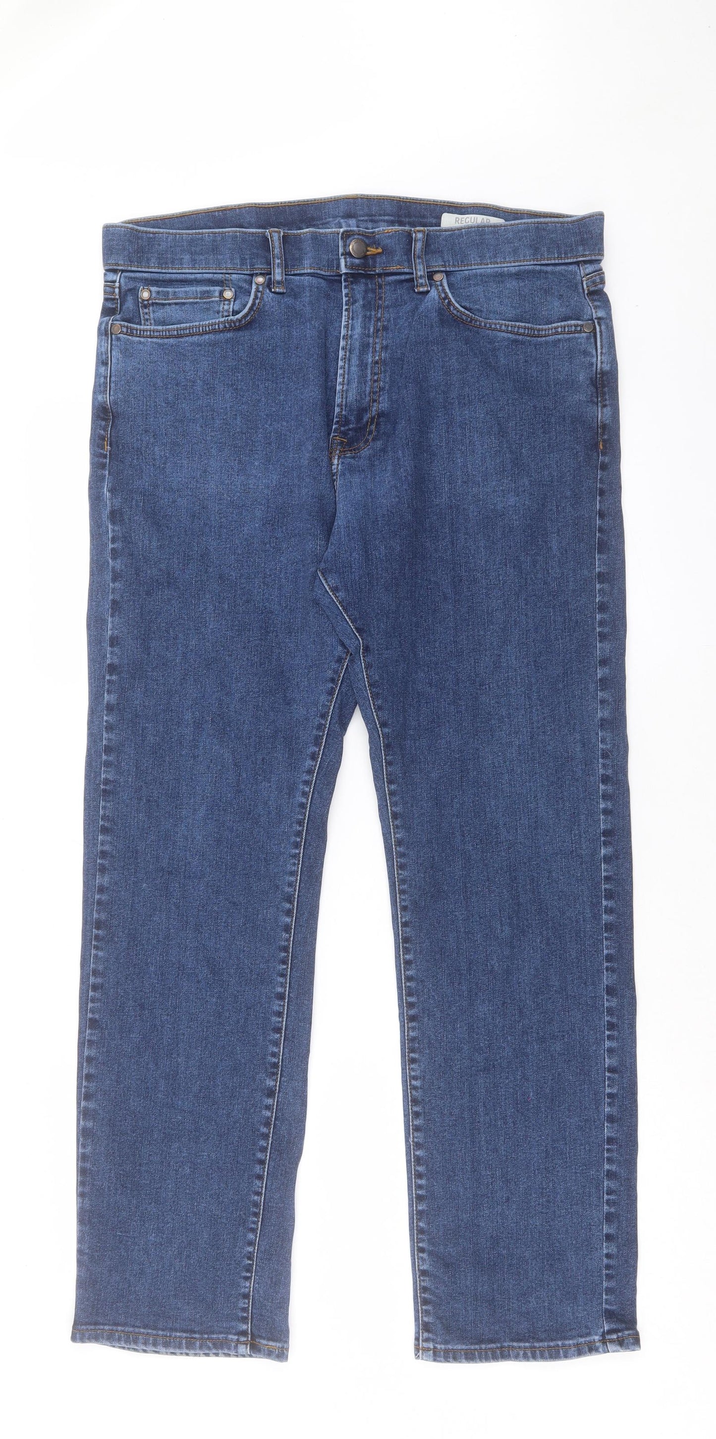 Marks and Spencer Mens Blue Cotton Straight Jeans Size 36 in L31 in Regular Button