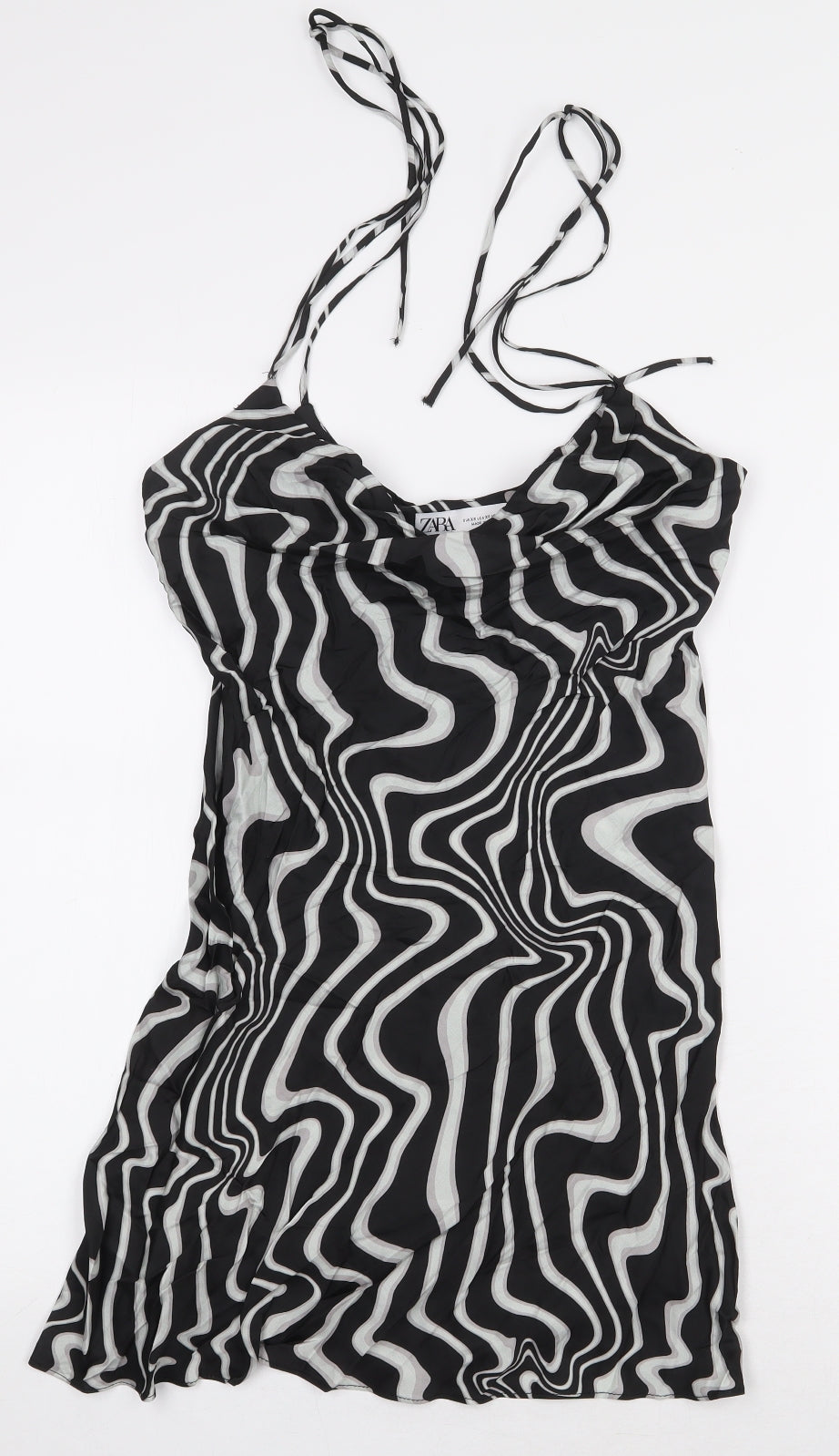 Zara Womens Black Geometric Viscose Mini Size XS Off the Shoulder Tie - Swirl Pattern