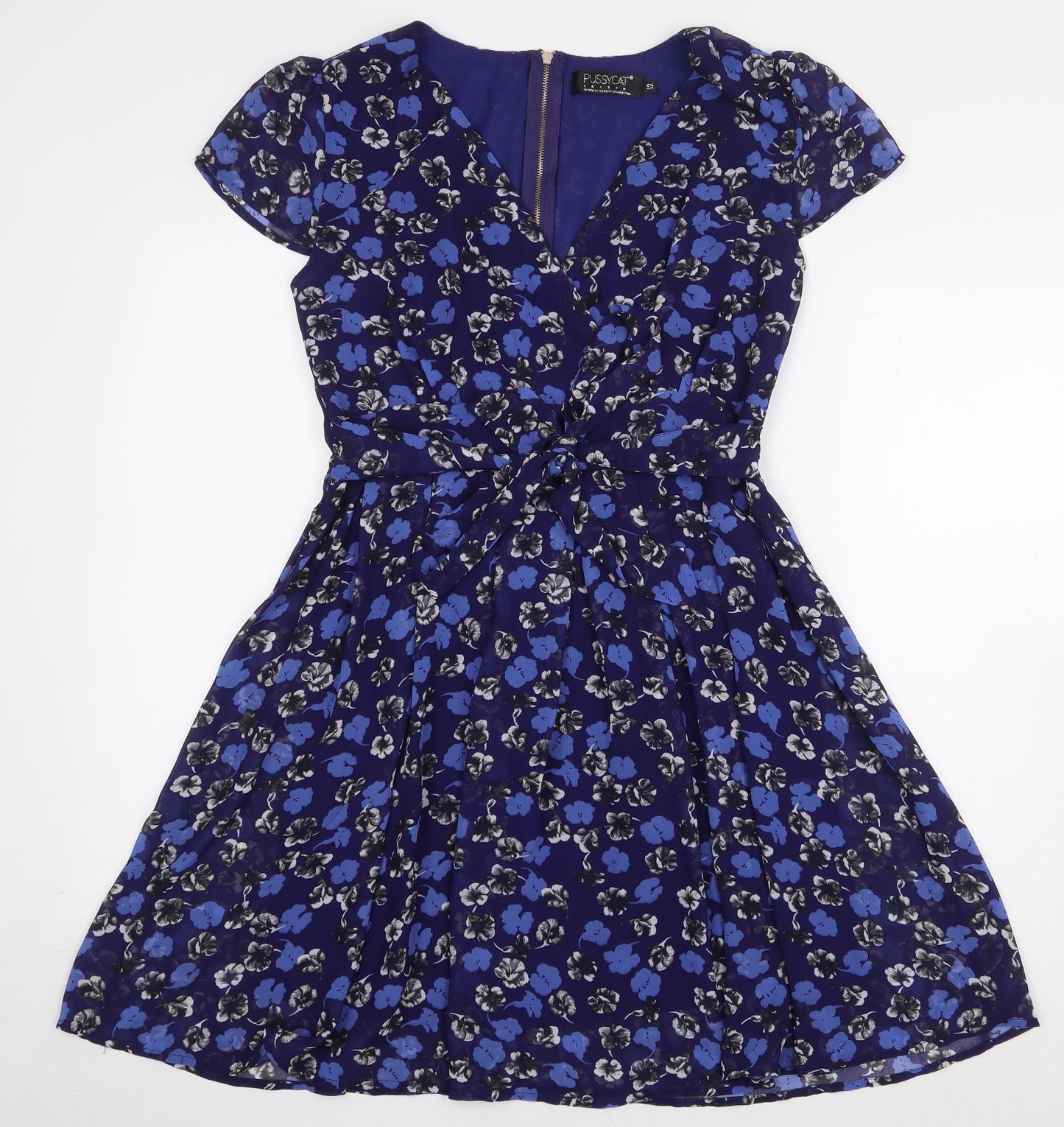 Pussycat London Womens Blue Floral Polyester A-Line Size 12 V-Neck Zip