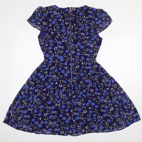 Pussycat London Womens Blue Floral Polyester A-Line Size 12 V-Neck Zip