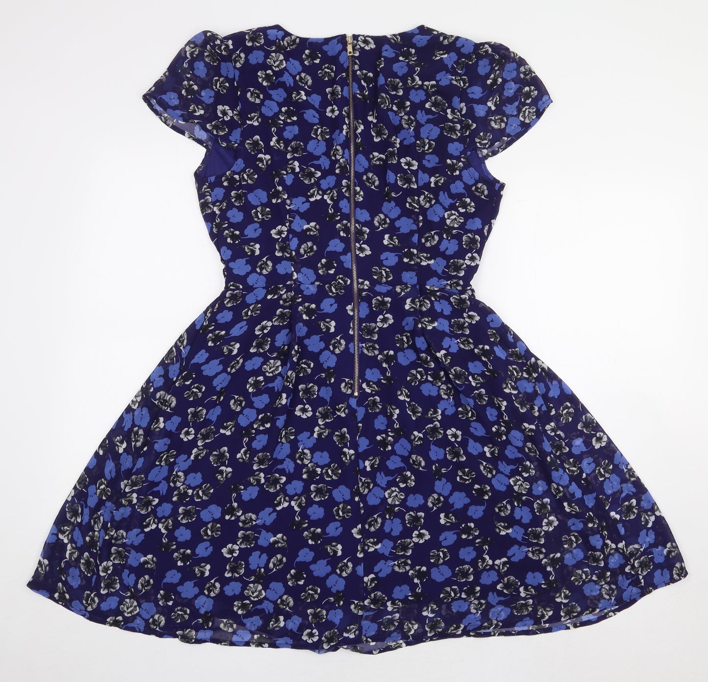 Pussycat London Womens Blue Floral Polyester A-Line Size 12 V-Neck Zip
