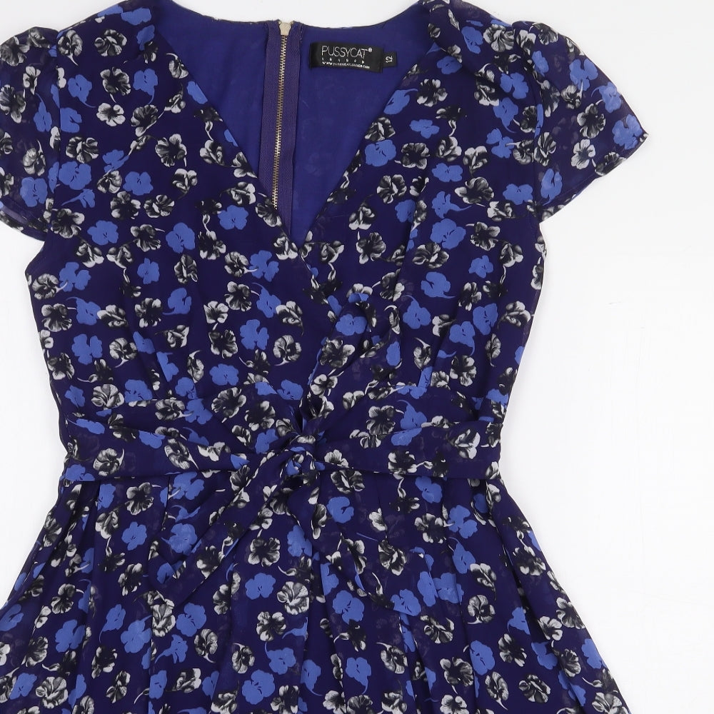 Pussycat London Womens Blue Floral Polyester A-Line Size 12 V-Neck Zip