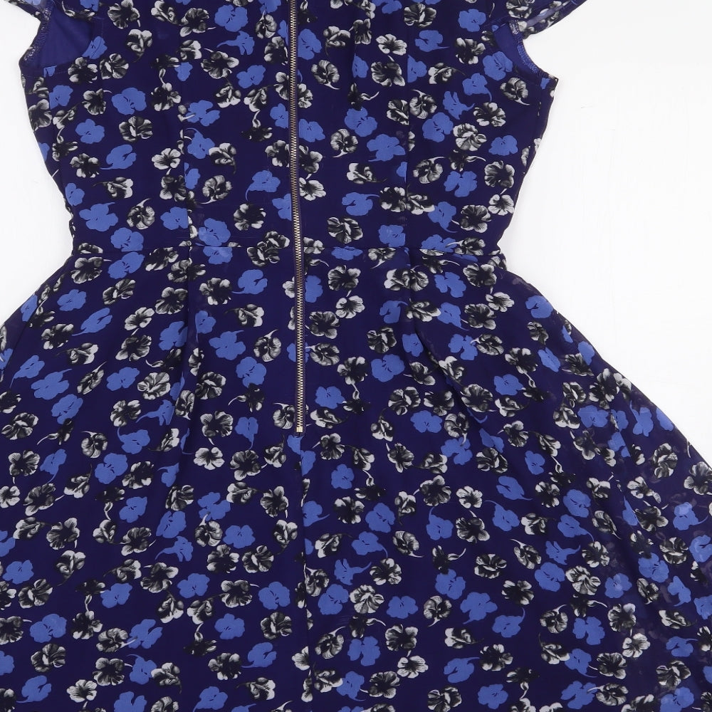Pussycat London Womens Blue Floral Polyester A-Line Size 12 V-Neck Zip