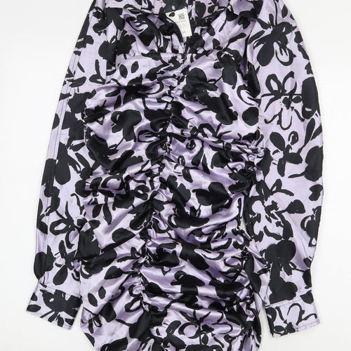 Zara Womens Purple Floral Polyester Mini Size S Collared Button