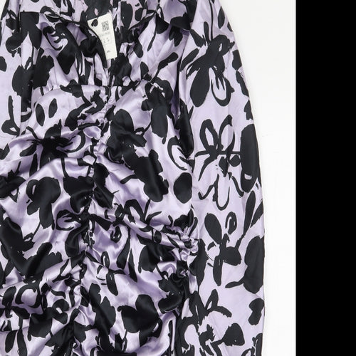Zara Womens Purple Floral Polyester Mini Size S Collared Button