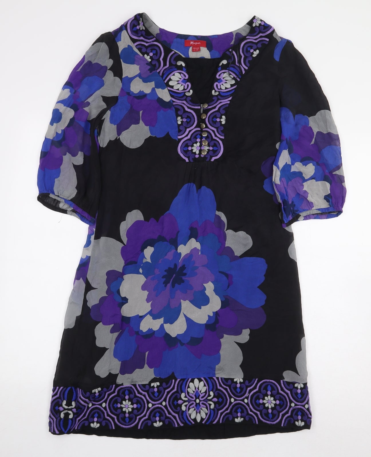 Monsoon Womens Black Floral Cotton A-Line Size 12 V-Neck Button