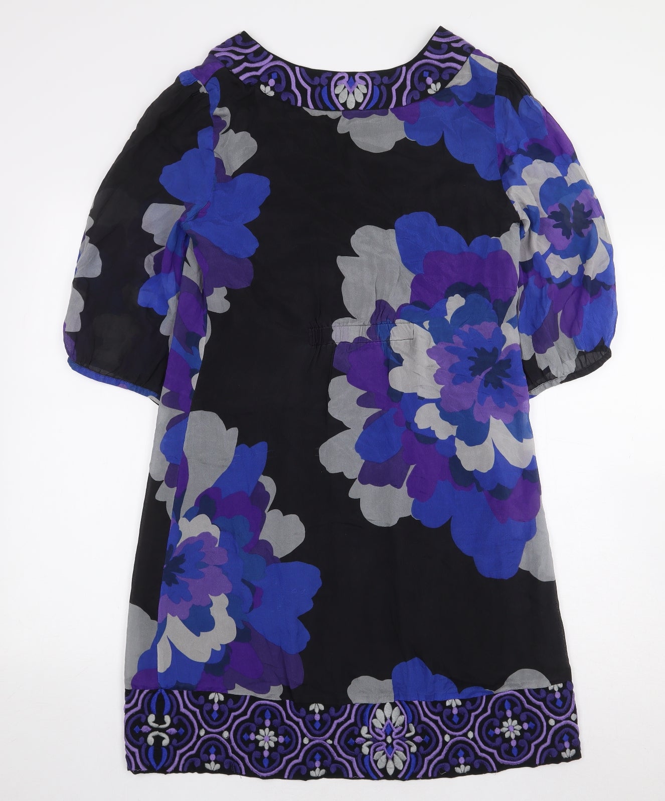 Monsoon Womens Black Floral Cotton A-Line Size 12 V-Neck Button
