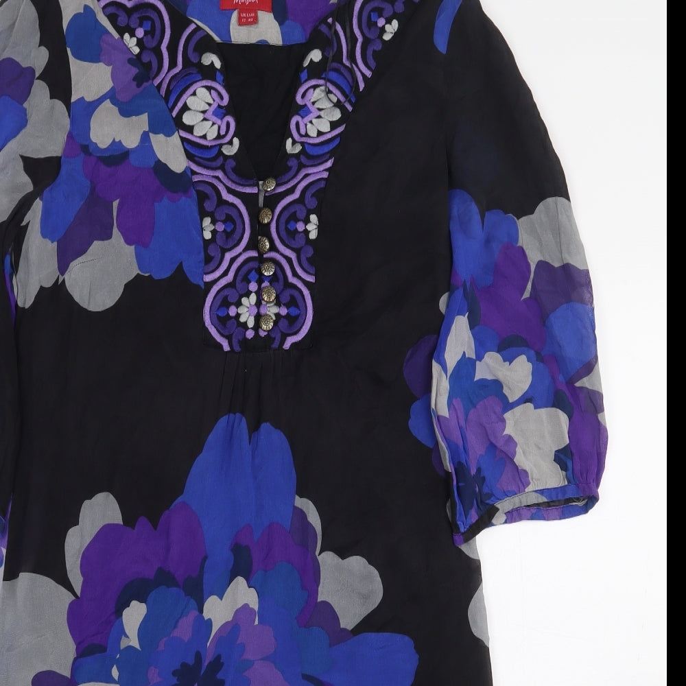 Monsoon Womens Black Floral Cotton A-Line Size 12 V-Neck Button