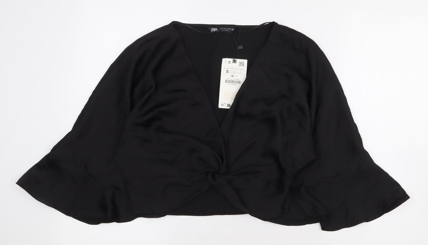 Zara Womens Black Polyester Cropped Blouse Size S V-Neck - Knot Front