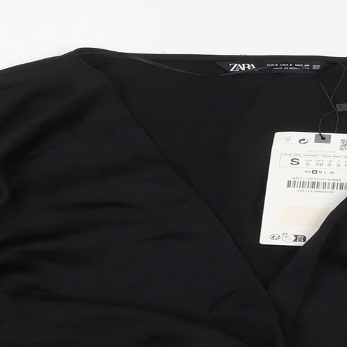 Zara Womens Black Polyester Cropped Blouse Size S V-Neck - Knot Front