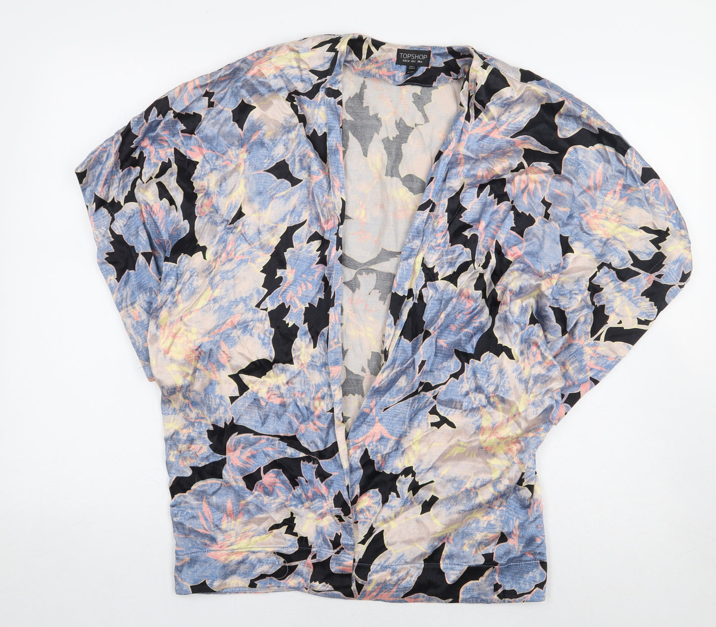 Topshop Womens Blue Floral Viscose Kimono Blouse Size 6 V-Neck - Open