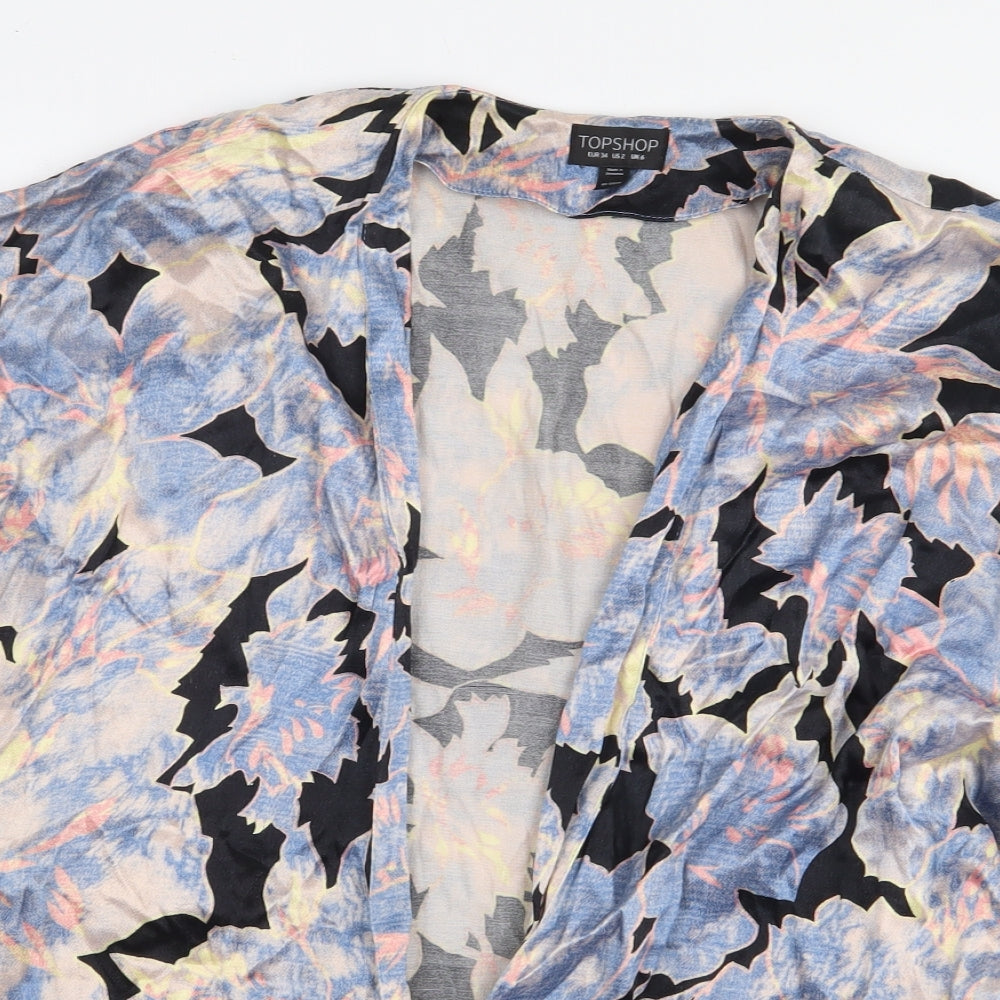 Topshop Womens Blue Floral Viscose Kimono Blouse Size 6 V-Neck - Open