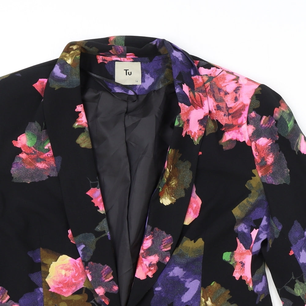 TU Womens Black Floral Jacket Blazer Size 14 Hook & Eye