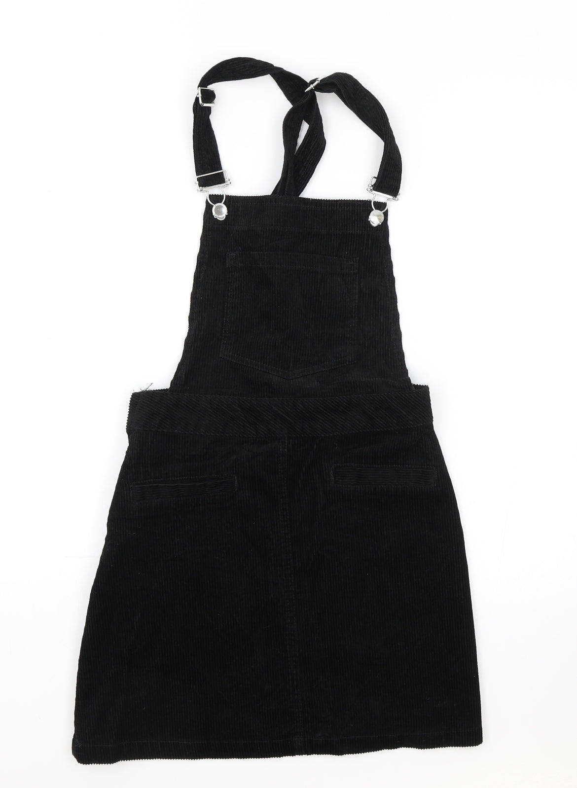 H&M Womens Black 100% Cotton Pinafore/Dungaree Dress Size 4 Square Neck Zip