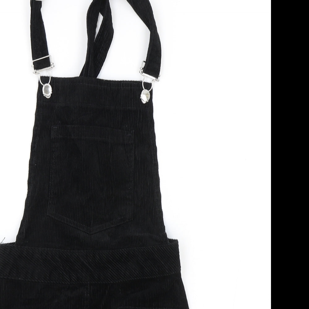 H&M Womens Black 100% Cotton Pinafore/Dungaree Dress Size 4 Square Neck Zip