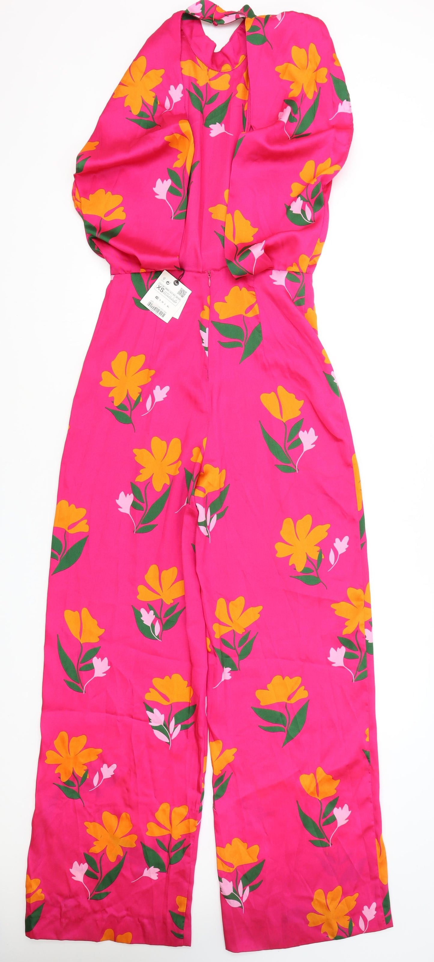 Zara Womens Pink Floral Polyester Jumpsuit One-Piece Size XS L29 in Button