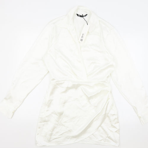 Zara Womens White Polyester Shirt Dress Size M Collared Zip