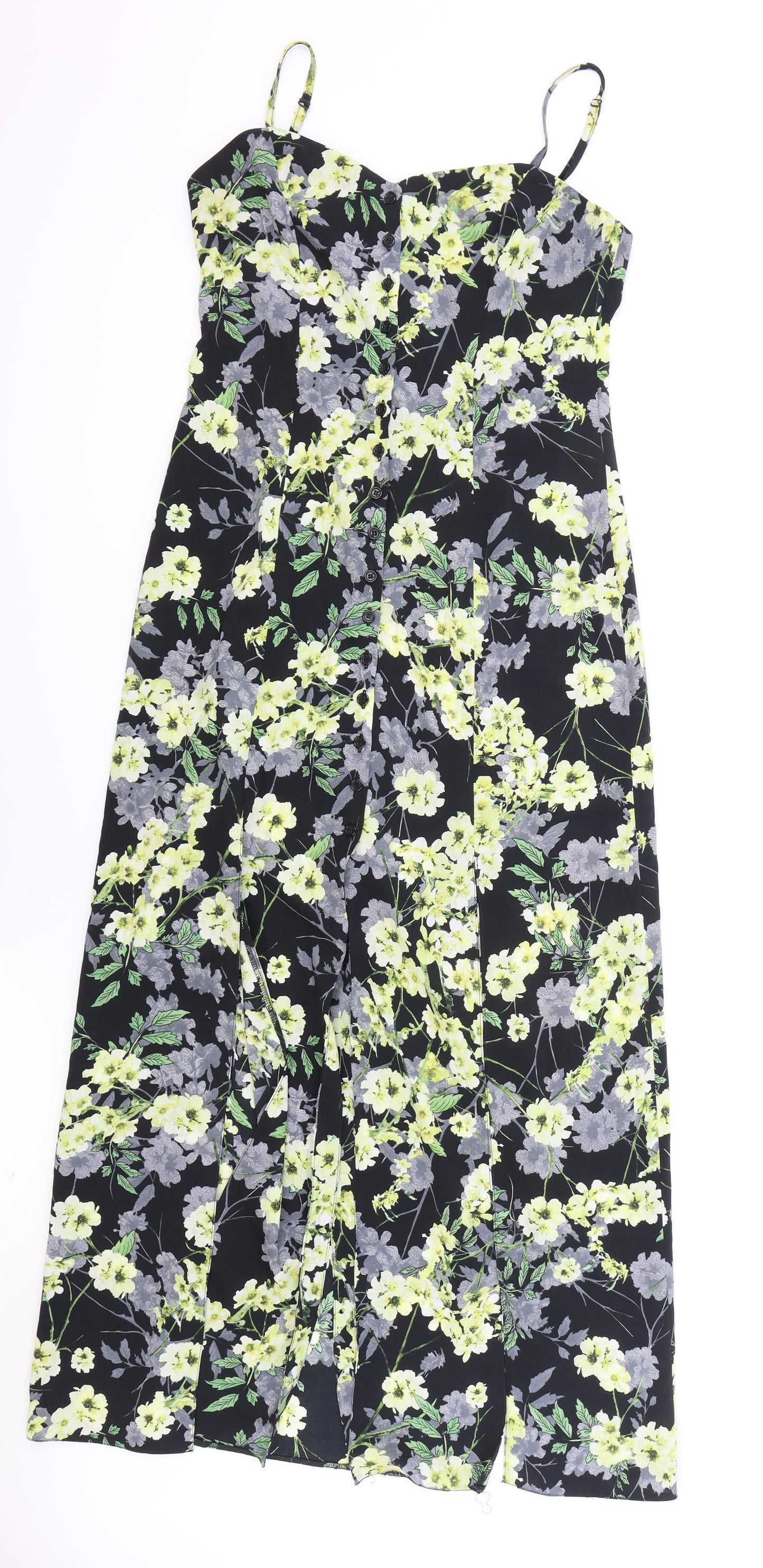 Miss Selfridge Womens Black Floral Polyester Slip Dress Size 12 Sweetheart Button