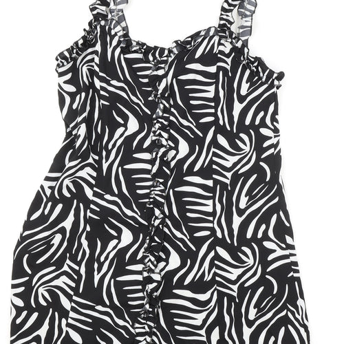 Boohoo Womens Black Animal Print Polyester Tank Dress Size 10 Sweetheart Button