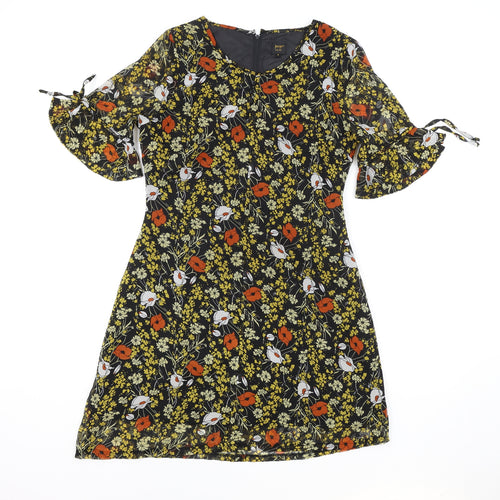 POP Womens Black Floral Polyester A-Line Size 2 Boat Neck Zip