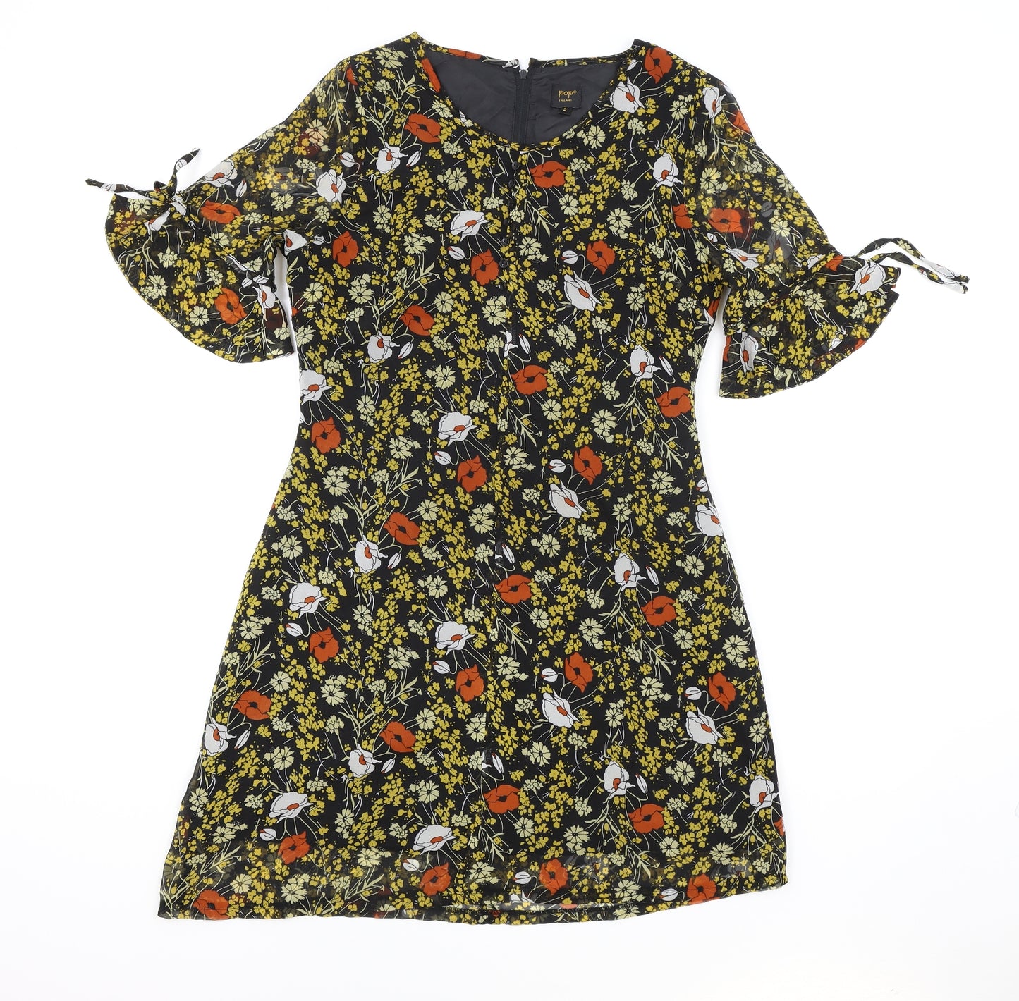 POP Womens Black Floral Polyester A-Line Size 2 Boat Neck Zip