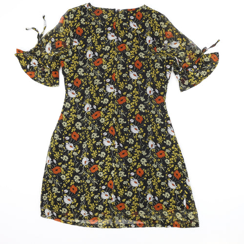 POP Womens Black Floral Polyester A-Line Size 2 Boat Neck Zip