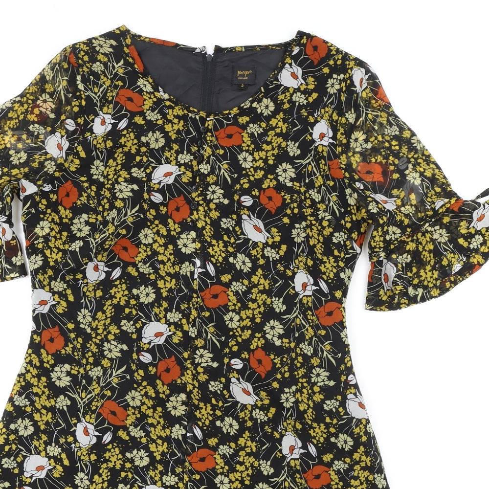 POP Womens Black Floral Polyester A-Line Size 2 Boat Neck Zip